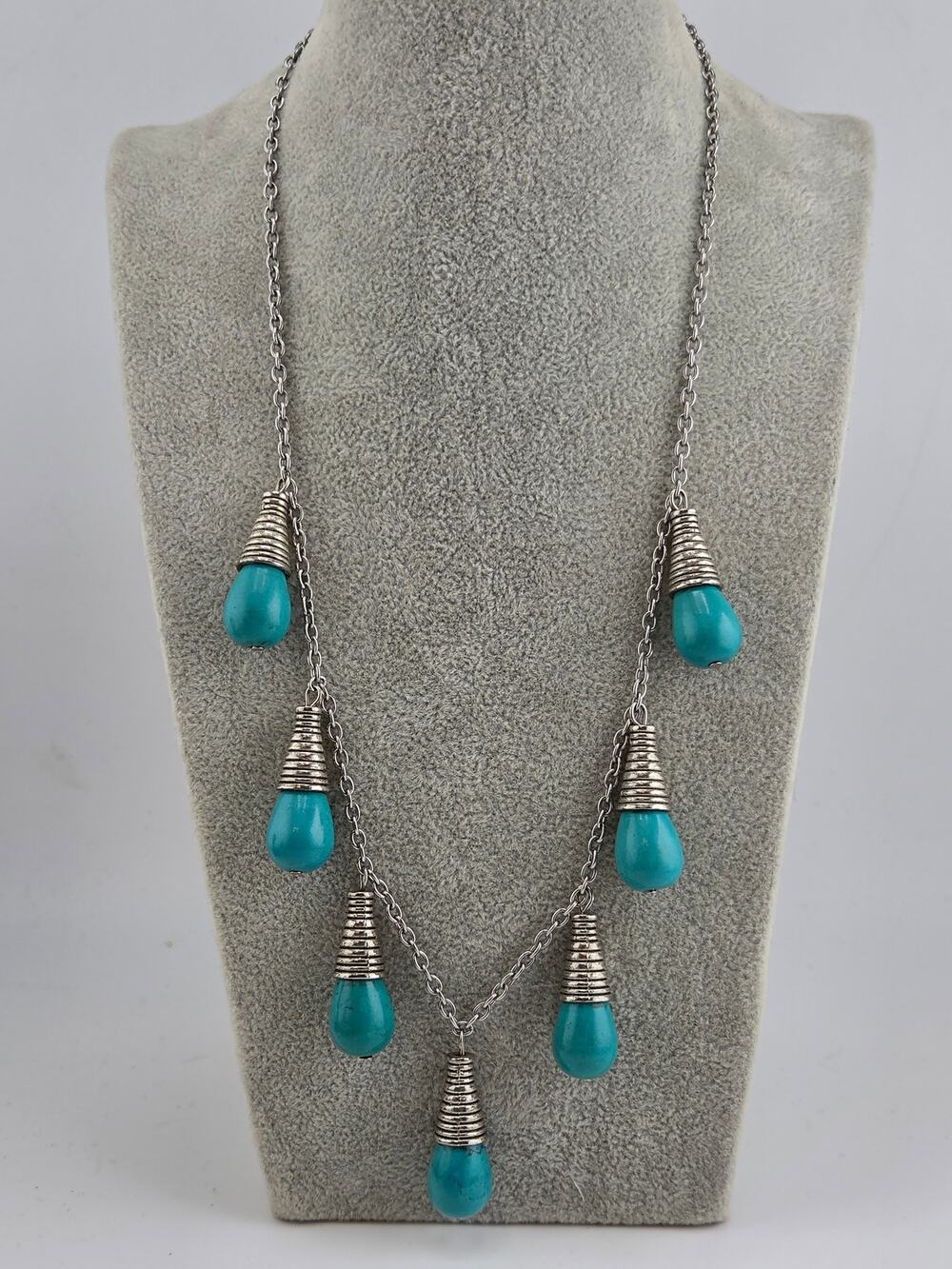 Turquoise Stone Teardrop Fringe Silver Tone Statement Necklace Adjustable